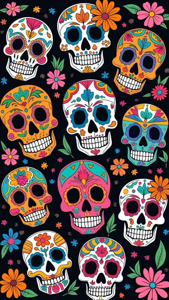 Arte con calaveras de azúcar de borde coloreadas